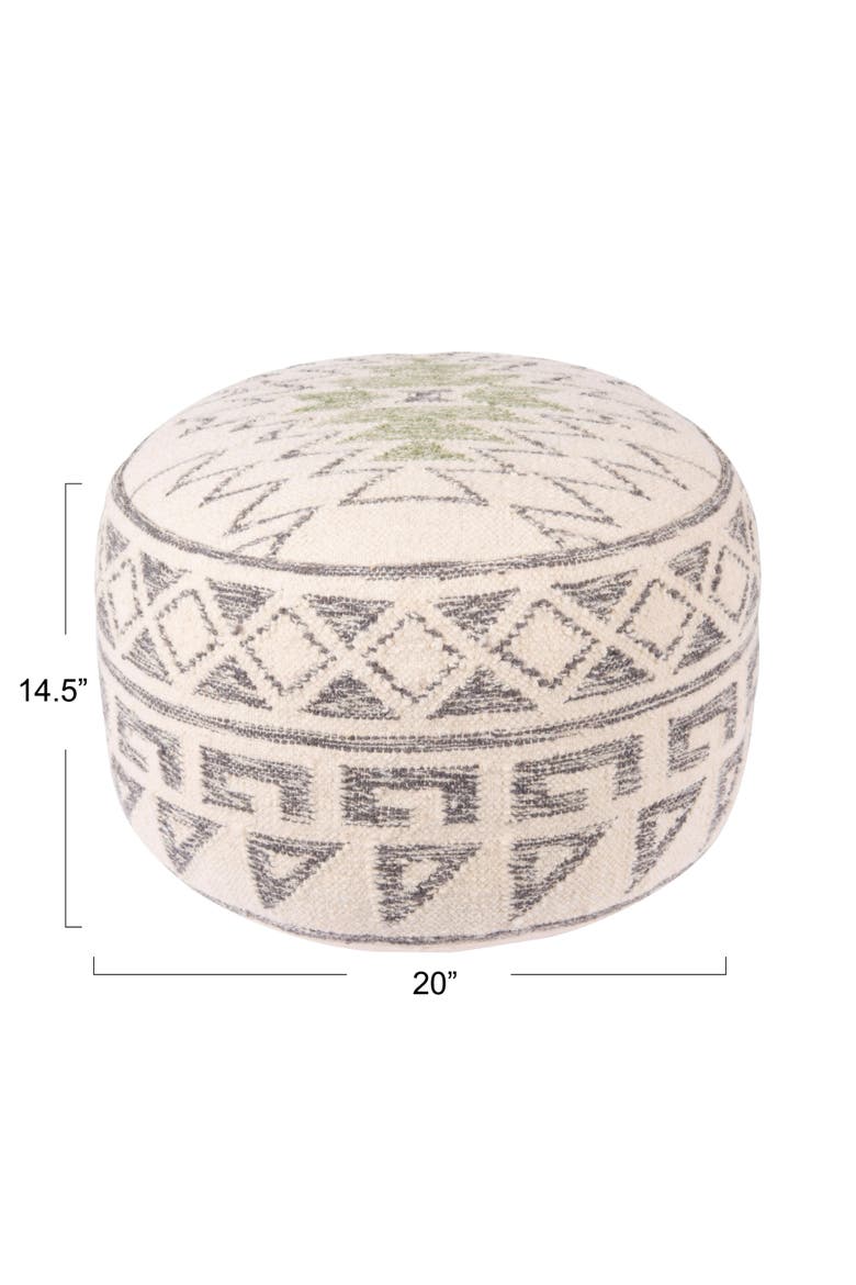 Round Wool Blend Kilim Pouf with Geometric Design, Grey, Alternate, color, Grey