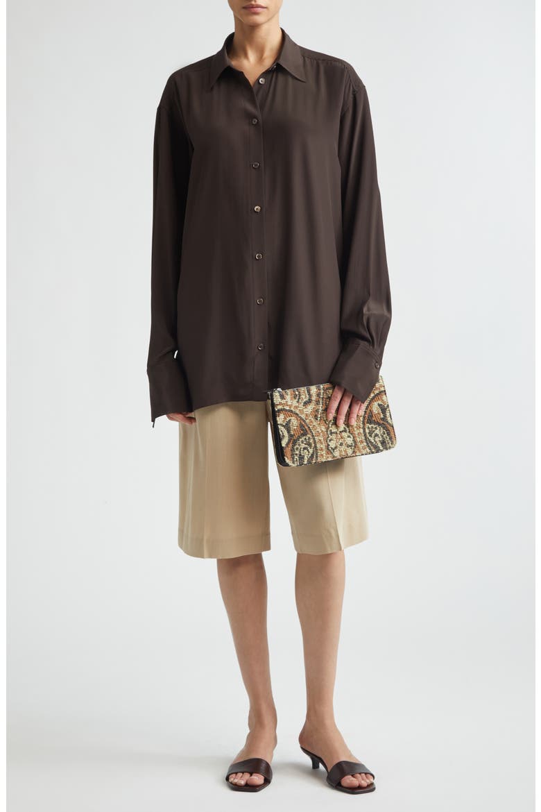 Silk Crepe Button-Up Shirt, Alternate, color, BROWN