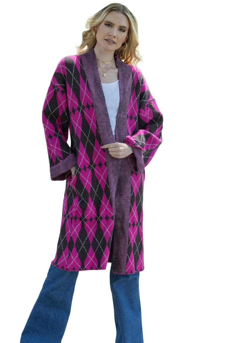 Argyle Heart Print Cardigan, Alternate, color, PINK
