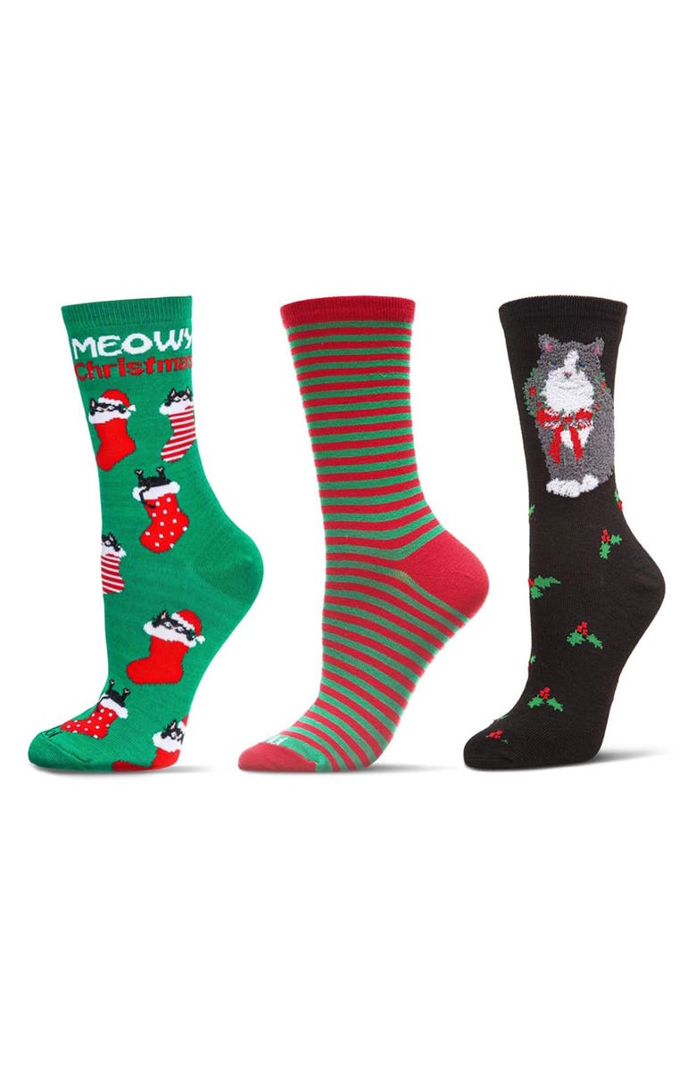 MeMoi Christmas Assorted 3-Pack Crew Socks, Main, color, Gray-Black