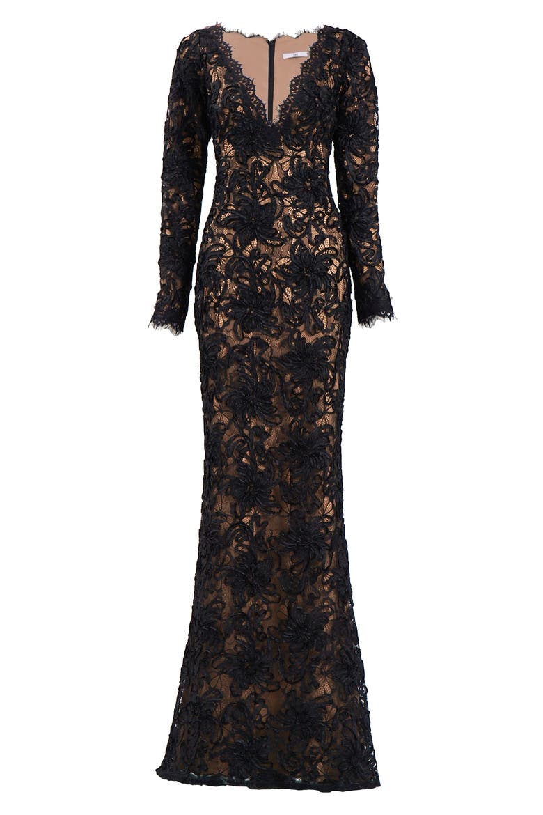 Lace Plunge Neck Long Sleeve Gown, Alternate, color, BLACK/ NUDE
