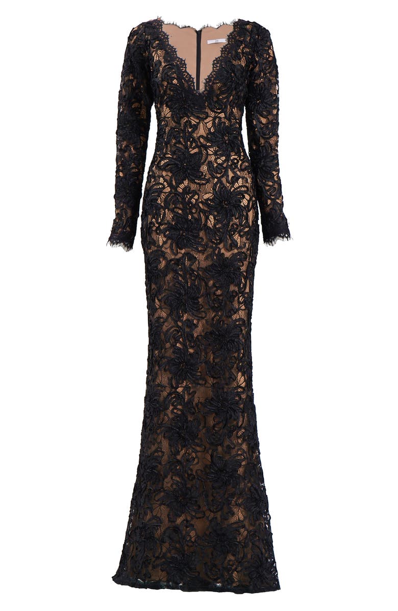 SHO by Tadashi Shoji Lace Plunge Neck Long Sleeve Gown, Alternate, color, Black/ Nude