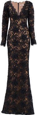 SHO by Tadashi Shoji Lace Plunge Neck Long Sleeve Gown