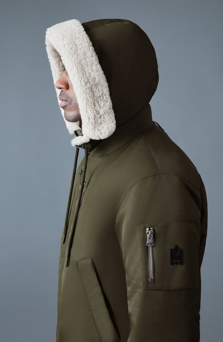 Mackage August Shearling Trim Down Bomber Jacket, Alternate, color, Light Military