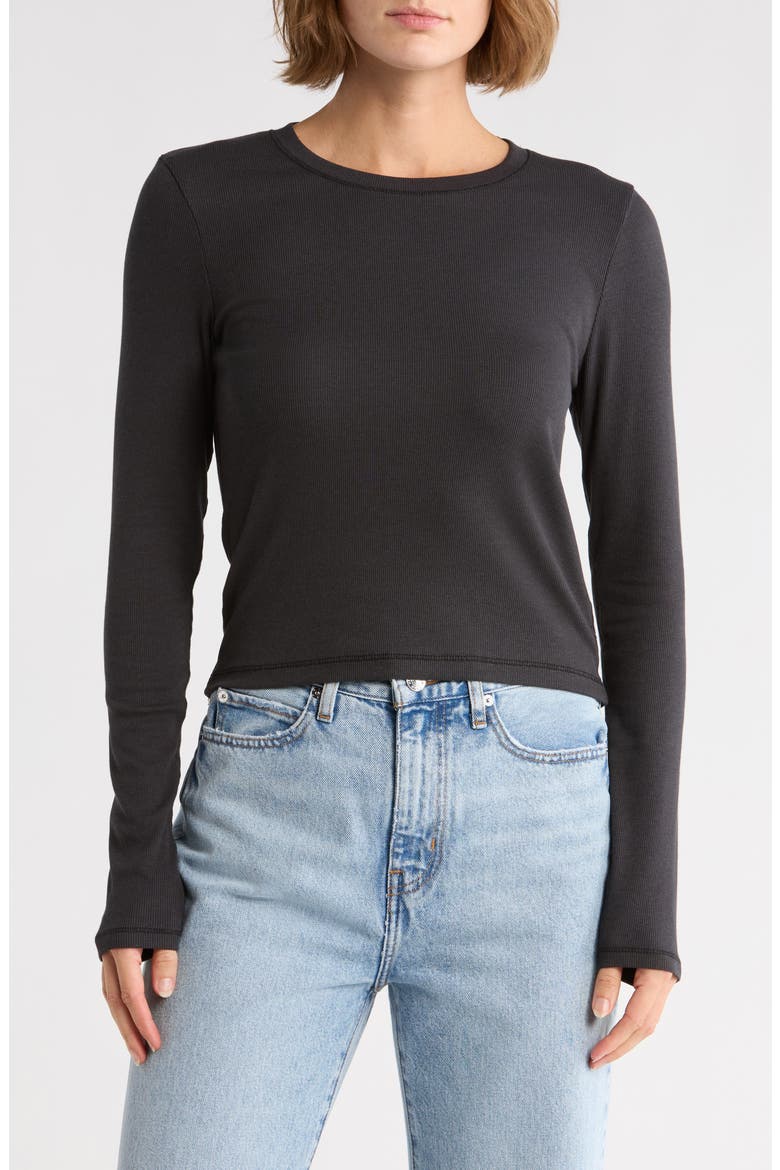 Essie Long Sleeve Ribbed Crop T-Shirt, Main, color, BLACK