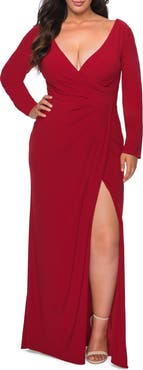 La Femme Long Sleeve Curvy Prom Dress with Ruching
