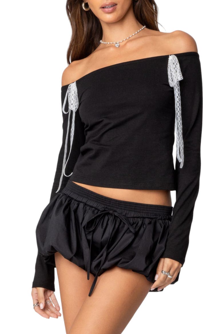 Lace Bow Detail Off the Shoulder Top, Main, color, BLACK