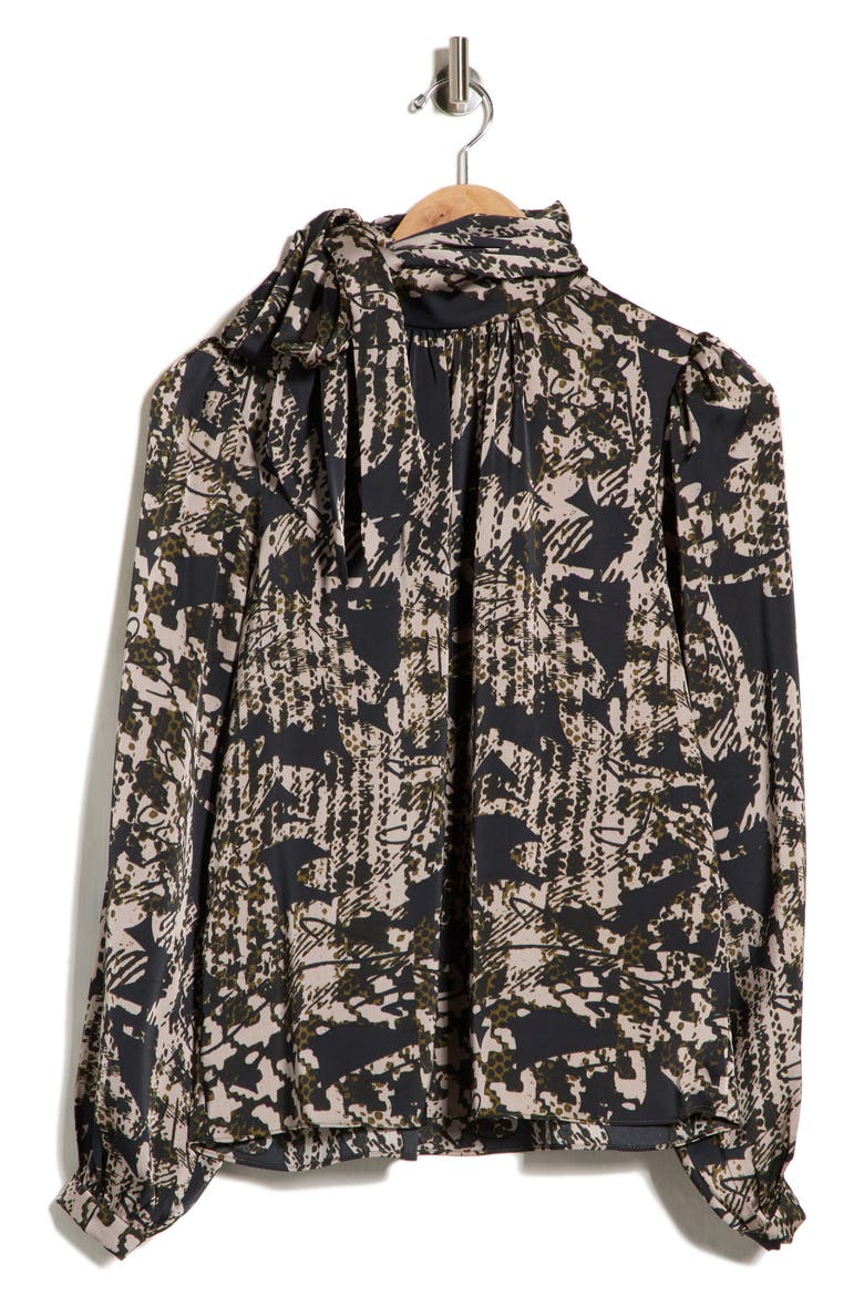 Livia Tie Neck Long Sleeve Top, Main, color, BLACK MULTI