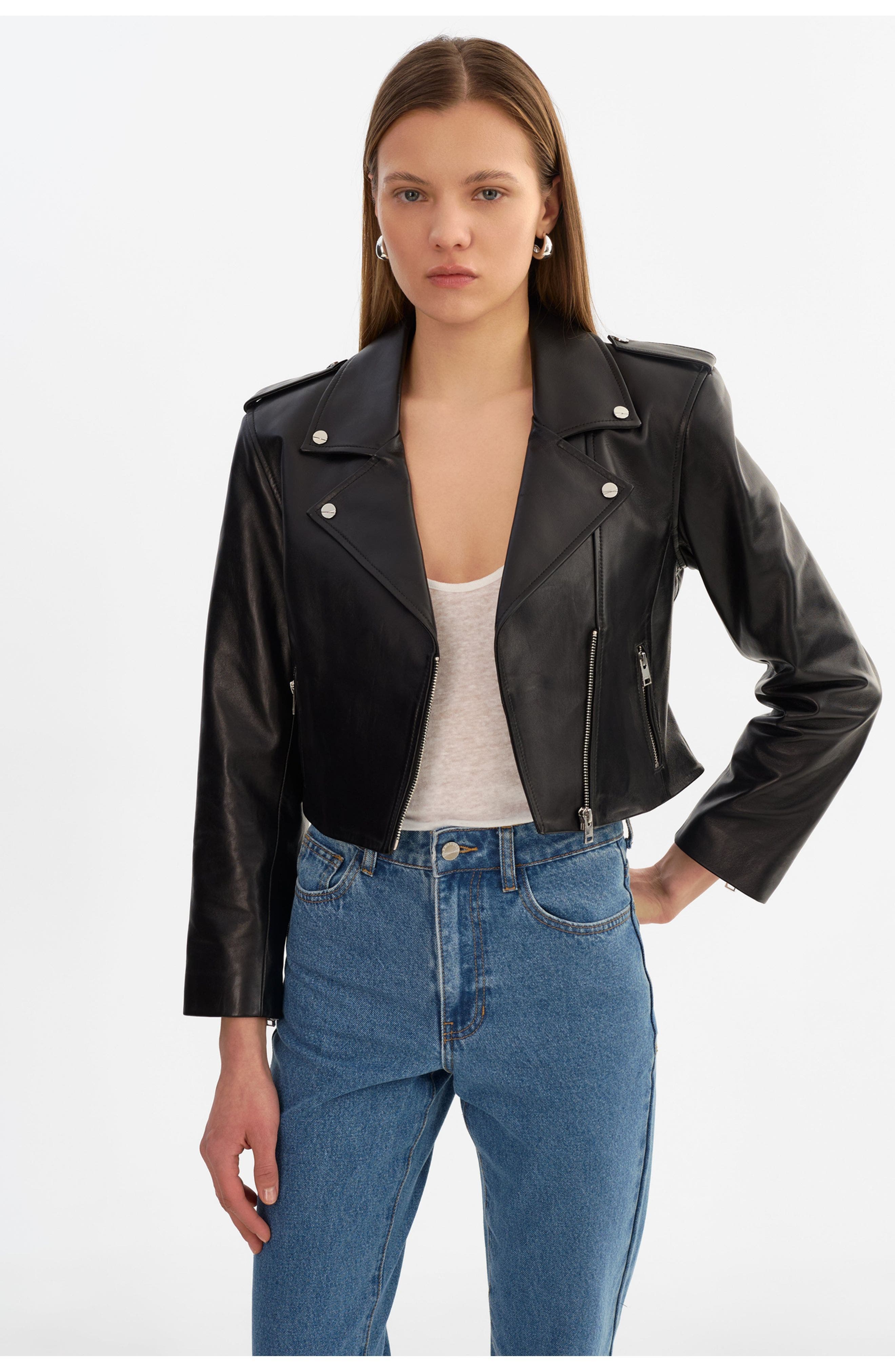 Denalda | Leather Cropped Biker Jacket - image 2