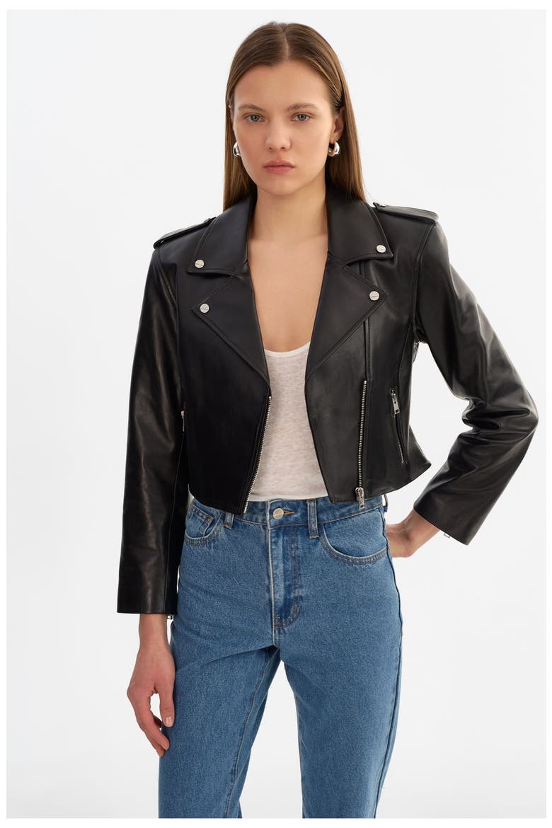 Denalda | Leather Cropped Biker Jacket, Alternate, color, Black