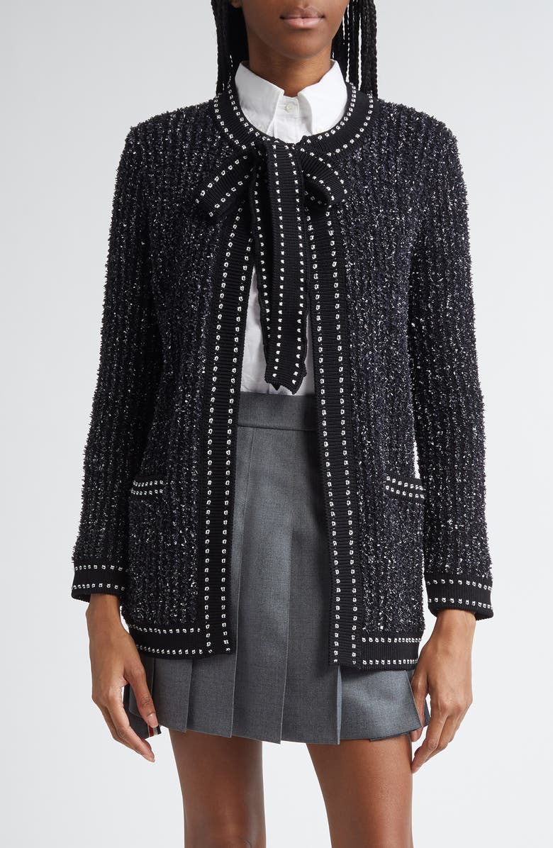 Thom Browne Tie Neck Eyelash Tweed Jacquard Cardigan, Main, color,