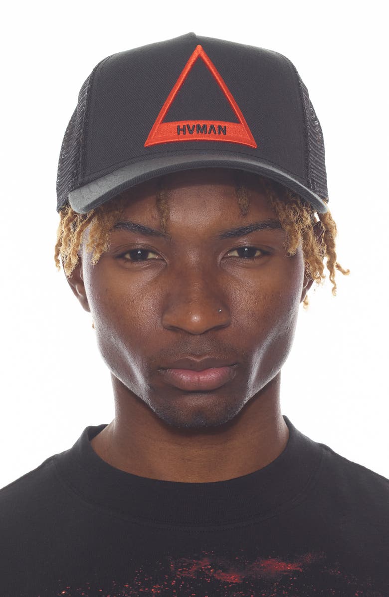 HVMAN Triangle Logo Mesh Trucker Hat, Alternate, color, Black