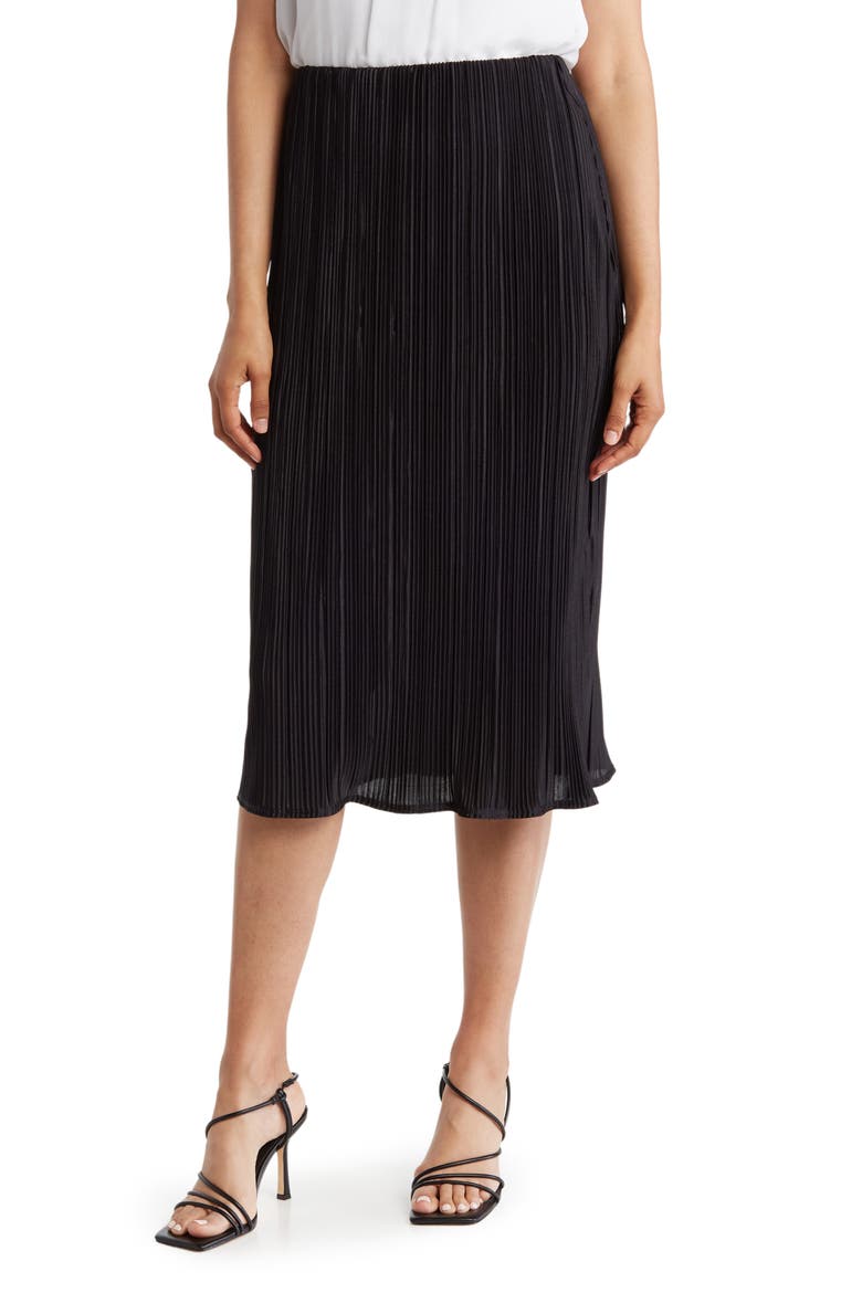 Solid Plissé Midi Skirt, Main, color, BLACK