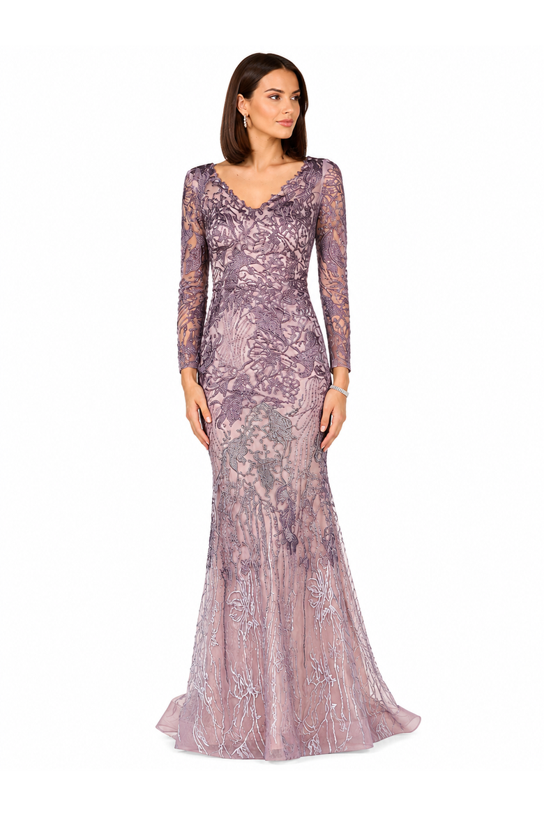 Long Sleeve V-Neck Mermaid Gown, Alternate, color, Purple