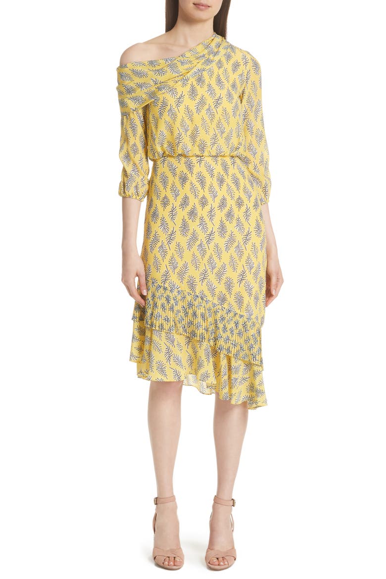Lexie Floral Print Silk Off the Shoulder Dress, Main, color, GOLDEN ALGA