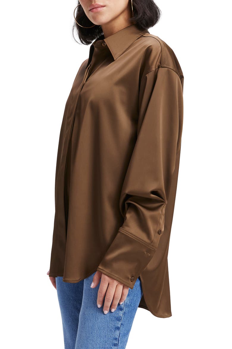 Stretch Satin Button-Up Shirt, Alternate, color, LIGHT MOCHA004