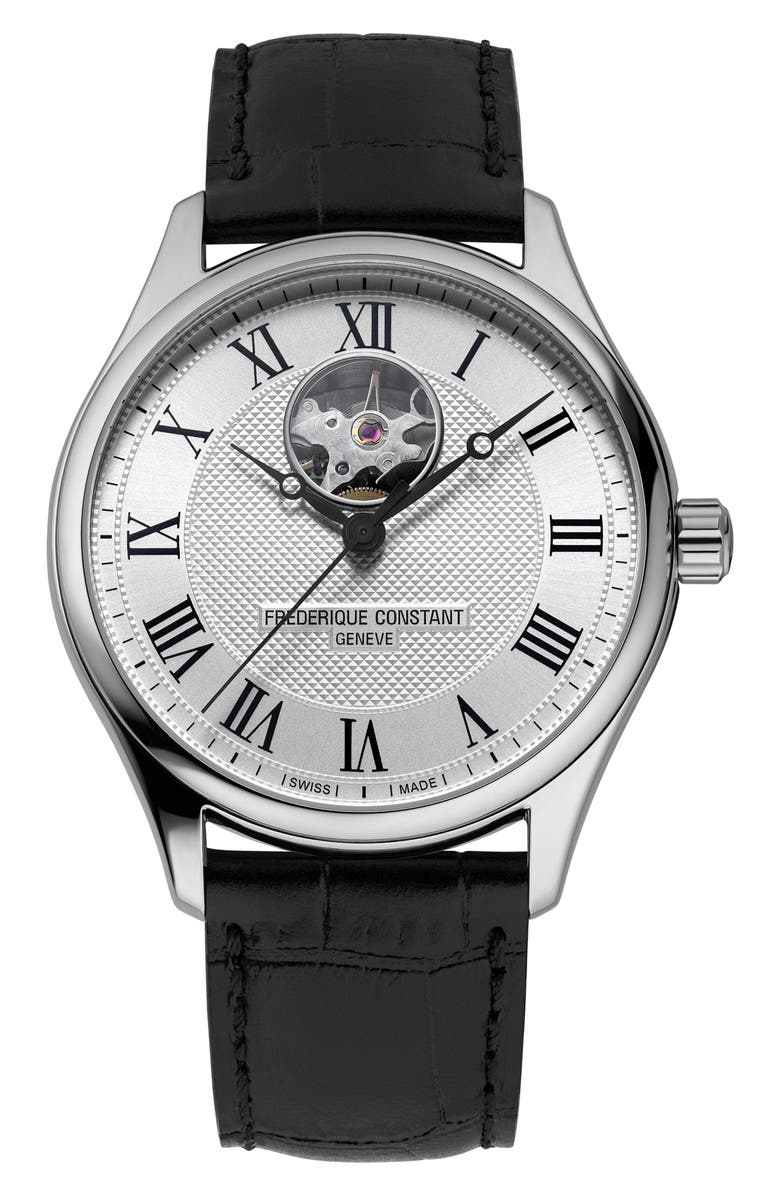 FREDERIQUE CONSTANT Classics Heartbeat Automatic Leather Strap Watch, 40mm, Main, color, Silver-Tone