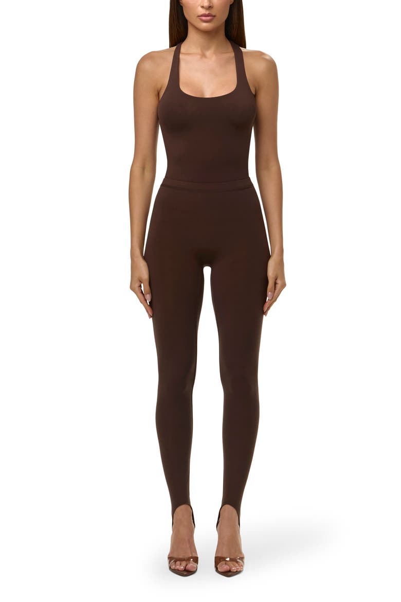 Printed Racerback Bodysuit, Alternate, color, DARK CHOCOLATE