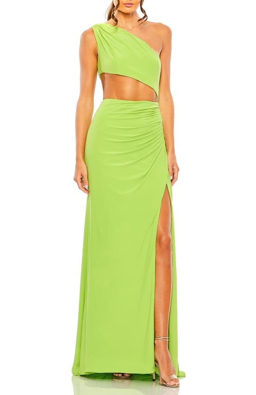 Mac Duggal Cut Out One Shoulder Ruched Back Gown In Spring Green