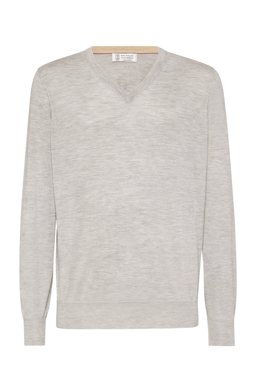 Brunello Cucinelli Cashmere-silk V-neck Sweater In Pebble
