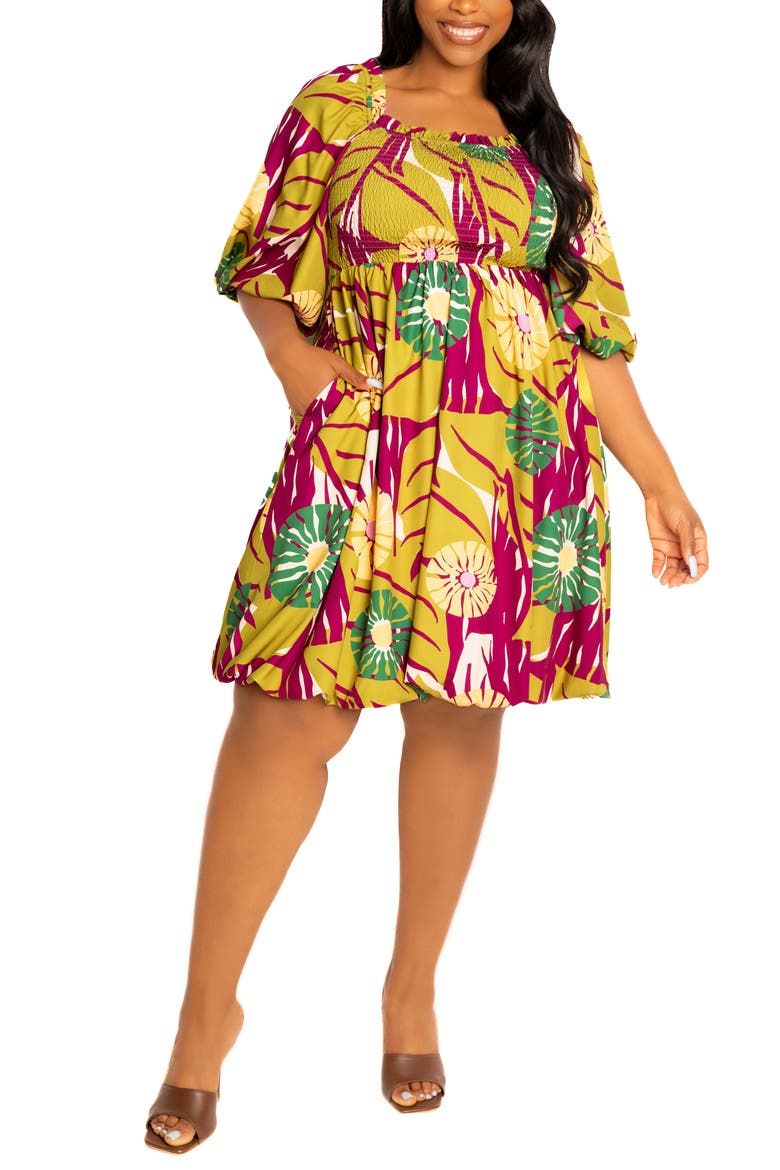 Floral Smocked Puff Sleeve Bubble Hem Dress, Main, color, OLIVE MULTI