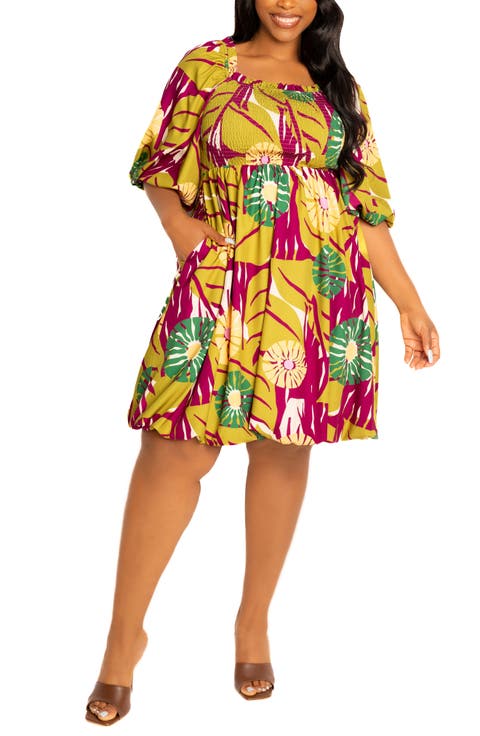 Floral Smocked Puff Sleeve Bubble Hem Dress (Plus)