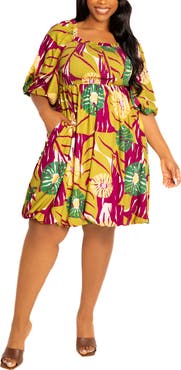 BUXOM COUTURE Floral Smocked Puff Sleeve Bubble Hem Dress