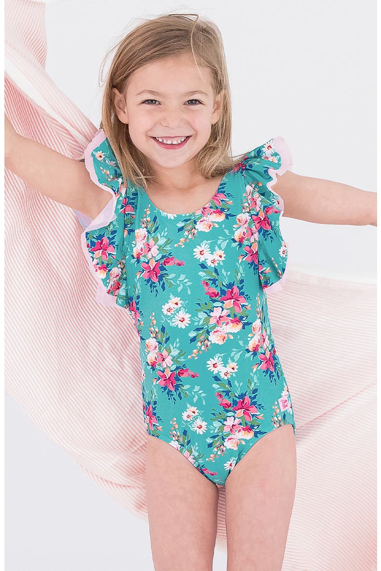 Kids' Fancy Me Floral Butterfly Sleeve One-Piece Swimsuit, Alternate, color, TEAL BLUE