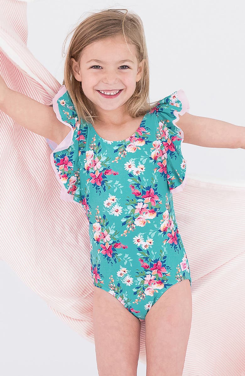 RuffleButts Kids' Fancy Me Floral Butterfly Sleeve One-Piece Swimsuit, Alternate, color, Teal Blue