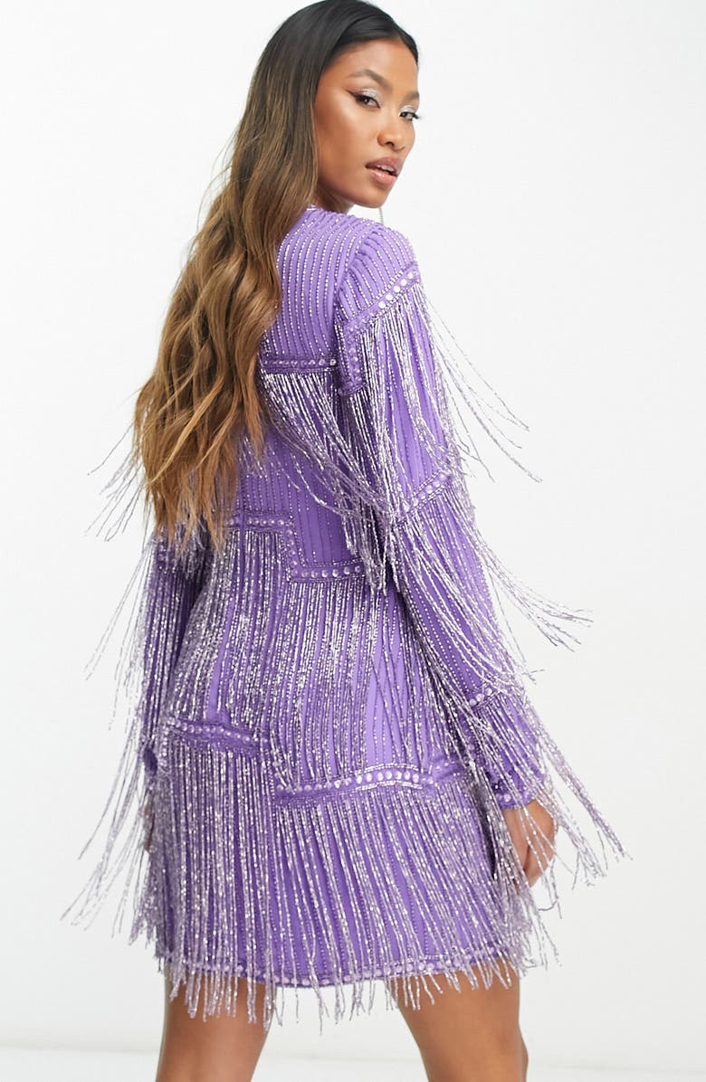 ASOS DESIGN Beaded Fringe Long Sleeve Minidress, Alternate, color,