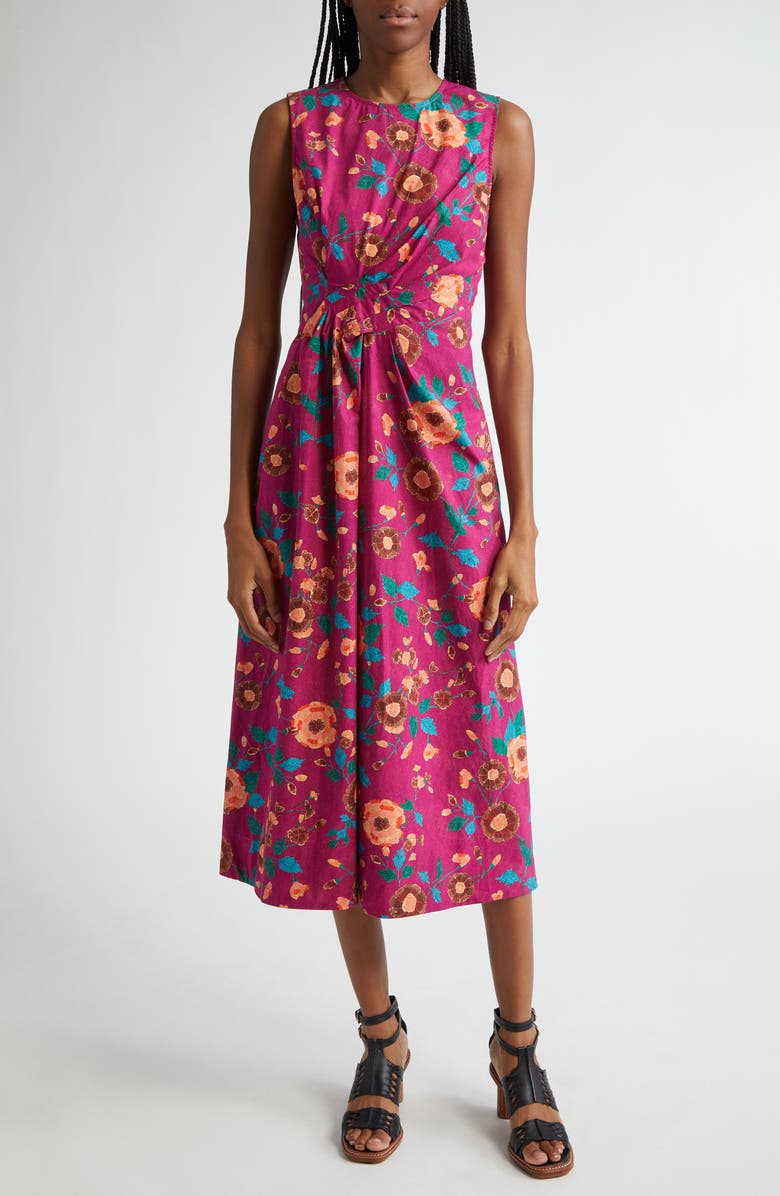 Ulla Johnson Davina Floral Twisted Waist Midi Dress, Main, color, Ruby Flora
