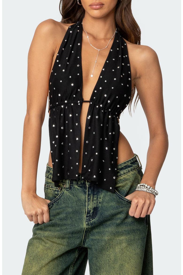 Studded Split Front Open Back Halter Top, Main, color, BLACK
