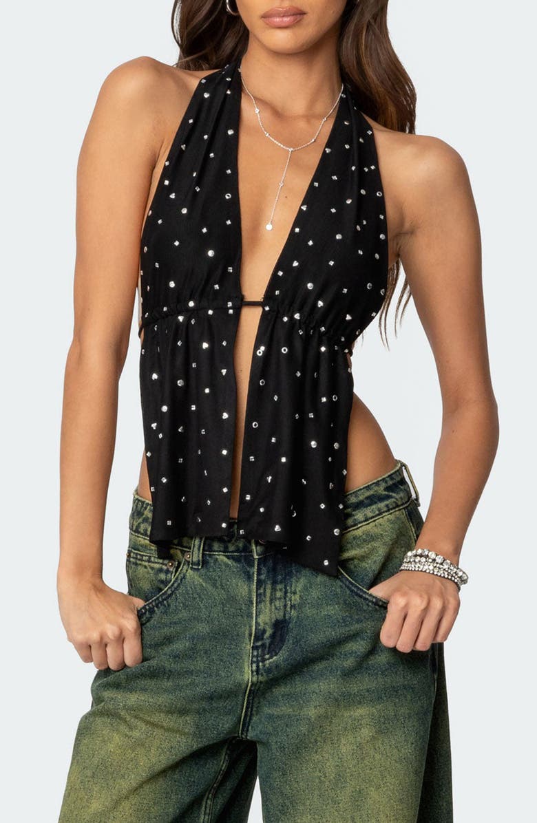 EDIKTED Studded Split Front Open Back Halter Top, Main, color, Black