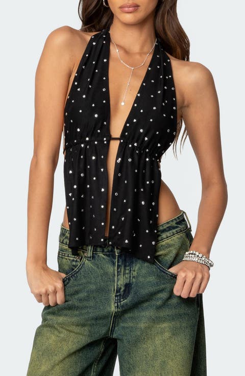 Studded Split Front Open Back Halter Top