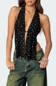 EDIKTED Studded Split Front Open Back Halter Top
