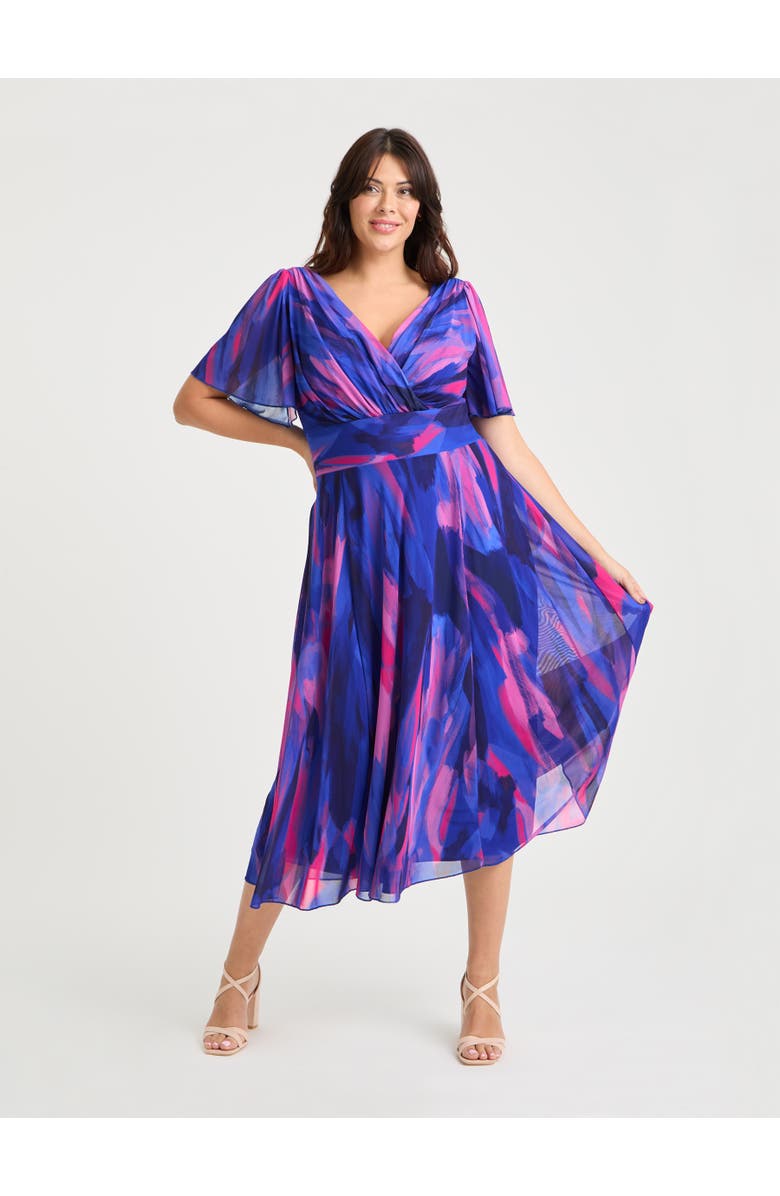 Scarlett & Jo Victoria Brush Angel Sleeve Midi Dress, Main, color, Blue Pink Brush