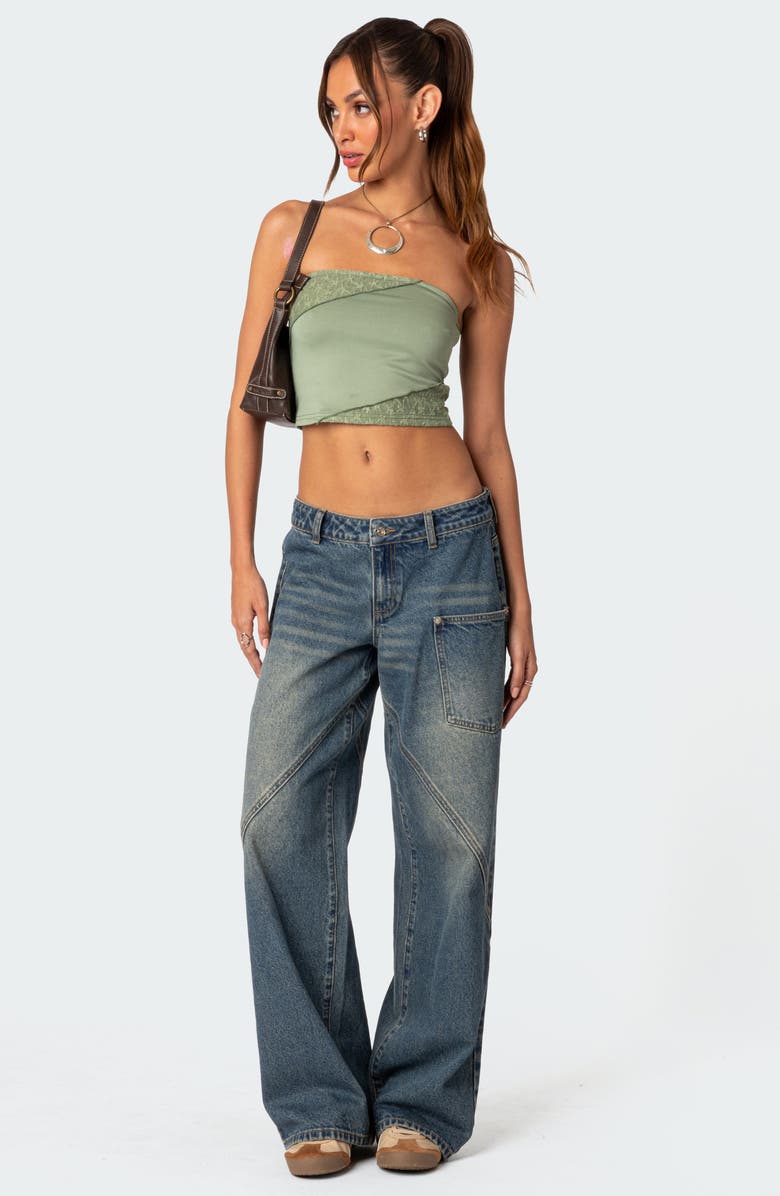 EDIKTED Lace Patchwork Crop Tube Top, Alternate, color, Green