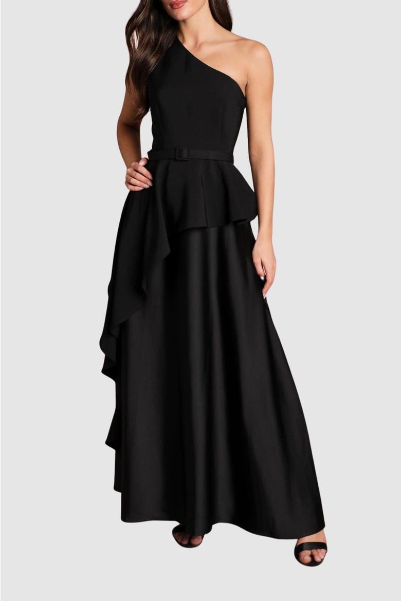 One Shoulder Satin Maxi Dress, Alternate, color, Black