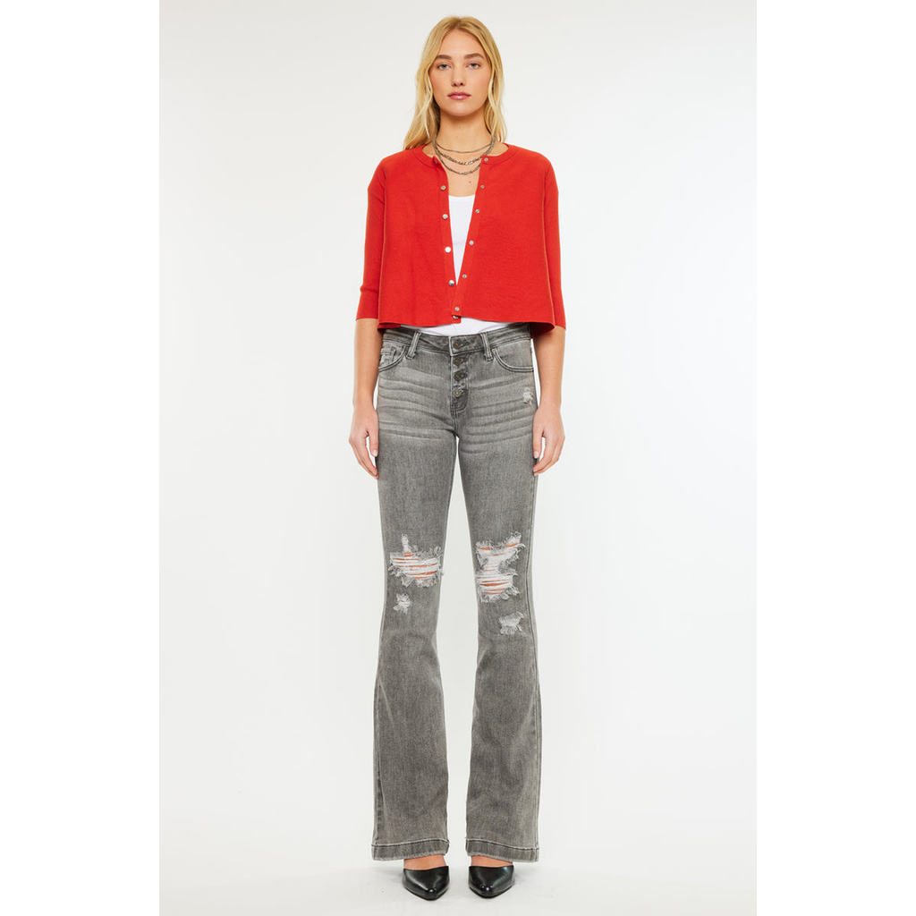 Kancan Harlo Mid Rise Raw Hem Flared Jeans In Gray