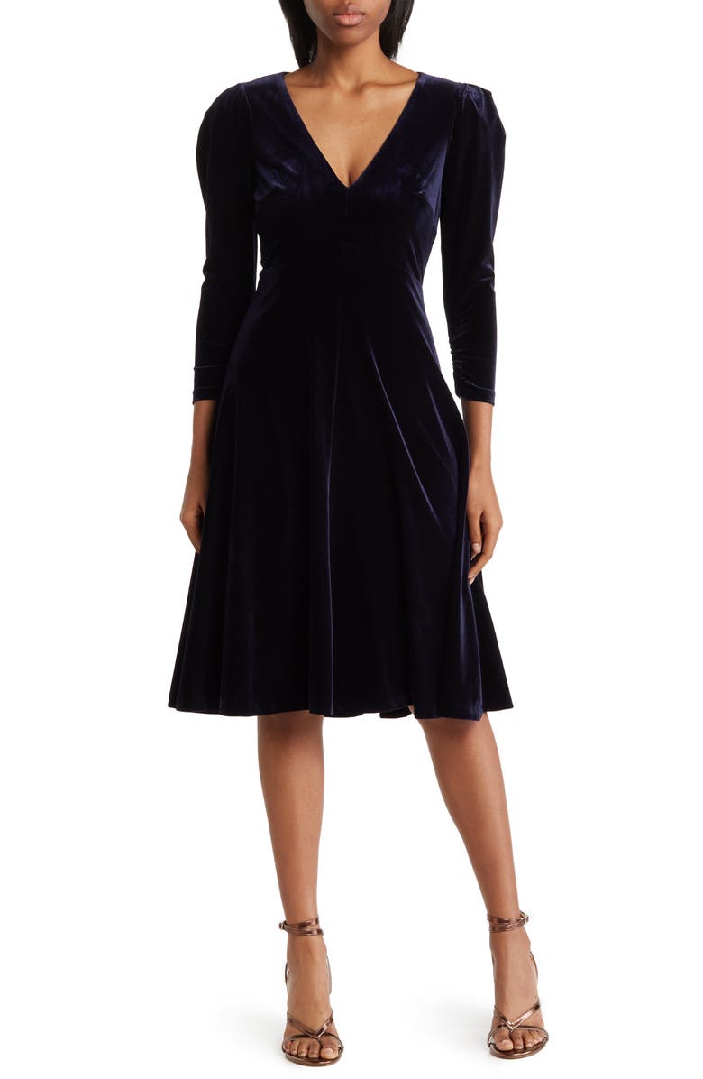 Eliza J Long Sleeve V-Neck Fit & Flare Dress, Main, color,