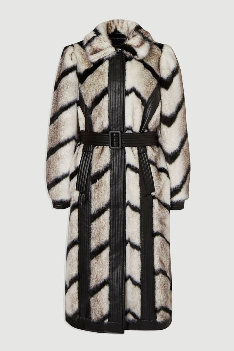 Stripe Faux Fur Belted Long Coat, Alternate, color, Mono