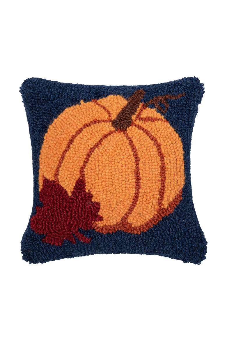 Autumn Pumpkin & Leaf Hooked Mini Accent Pillow 10" x 10", Main, color, Orange