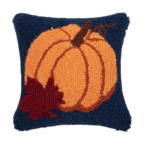 Autumn Pumpkin & Leaf Hooked Mini Accent Pillow 10" x 10"