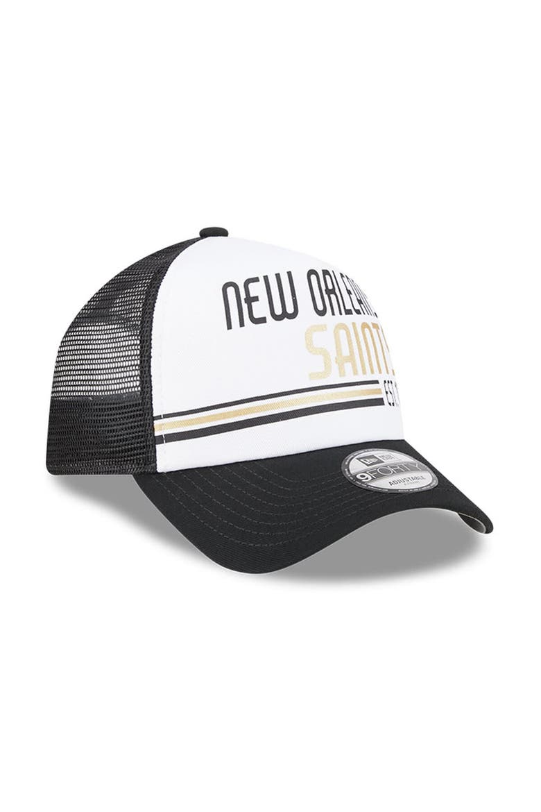 Men's New Era White/Black New Orleans Saints Stacked A-Frame Trucker 9FORTY Adjustable Hat, Alternate, color, White