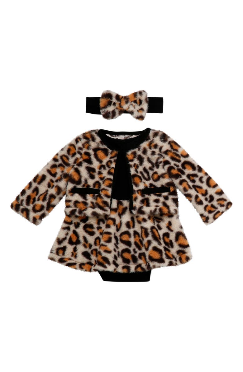 BABY STARTERS Leopard Faux Fur Jacket, Dress & Headband Set, Main, color,