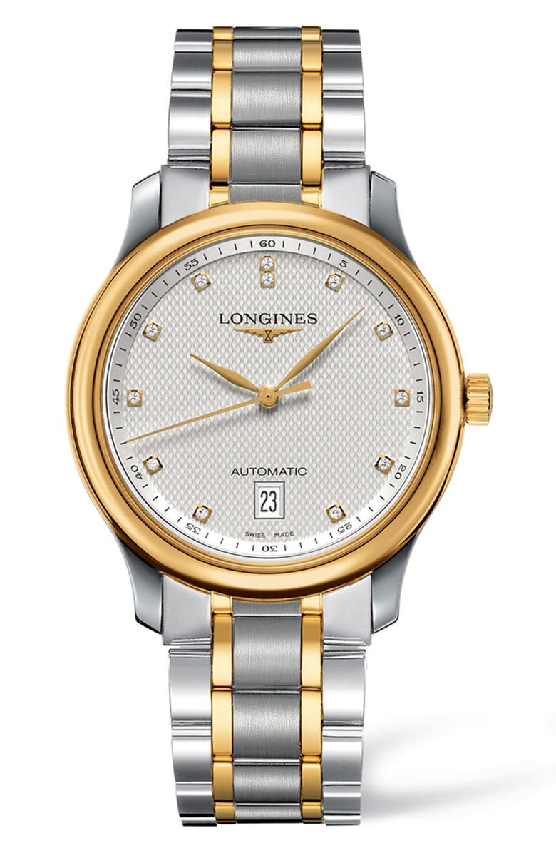 Longines Master Automatic Diamond Bracelet Watch, 38.5mm, Main, color, Silver/ Gold