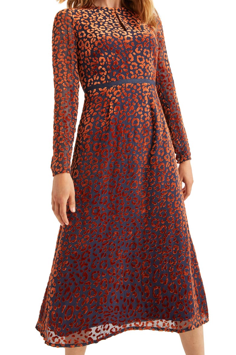 Marie Leopard Devoré Long Sleeve Midi Dress, Alternate, color, COPPER RED CHIC LEOPARD