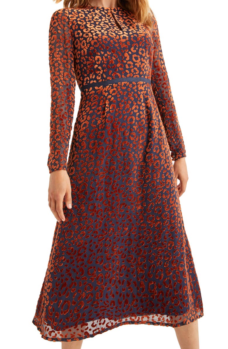 Boden Marie Leopard Devoré Long Sleeve Midi Dress, Alternate, color, 