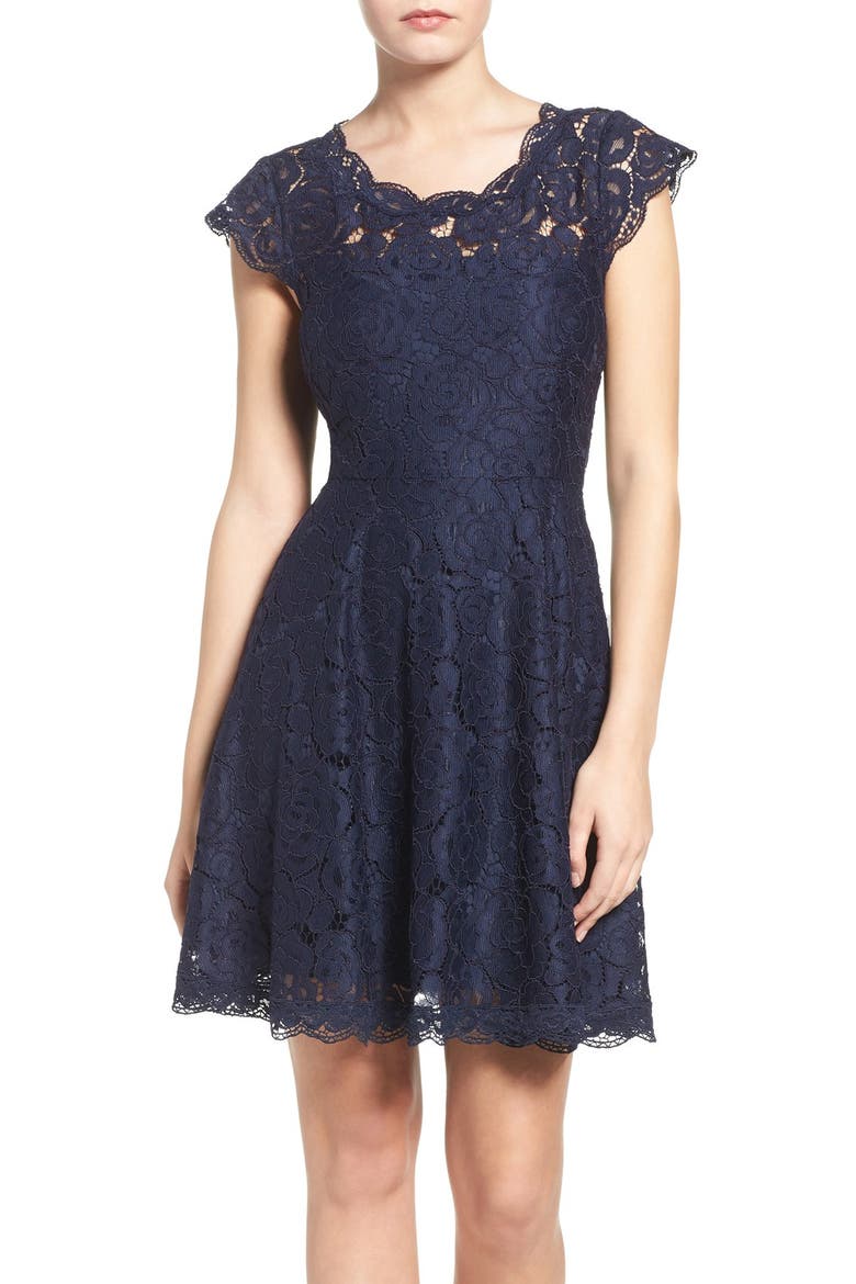 BB Dakota Lace Fit & Flare Dress, Main, color, OILSLICK
