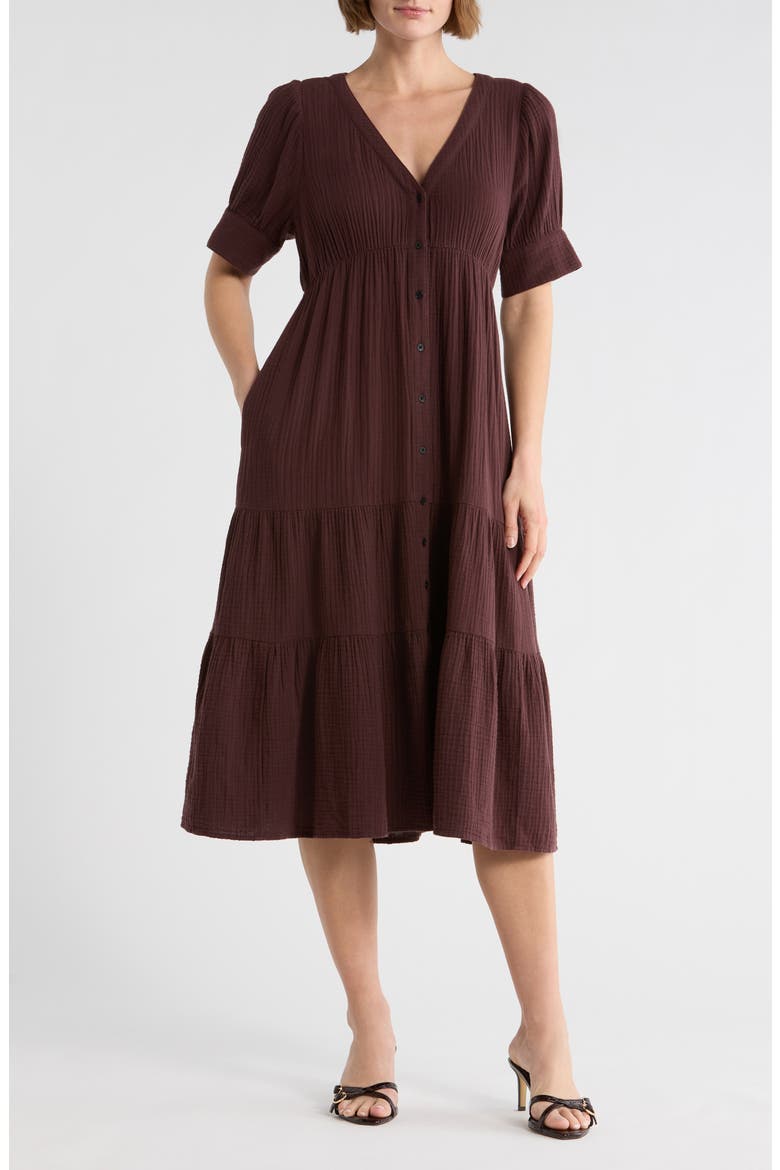 brown dress madewell Lightspun Tiered Button Front Midi - Chocolate Raisin Crafted of the softest Circle_skirt Windsor Black/Gold Dress Size Color:M-Dusty Purple